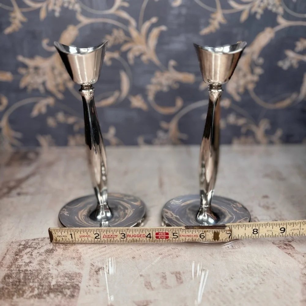 Pair of Sleek Silver Metal Candlesticks